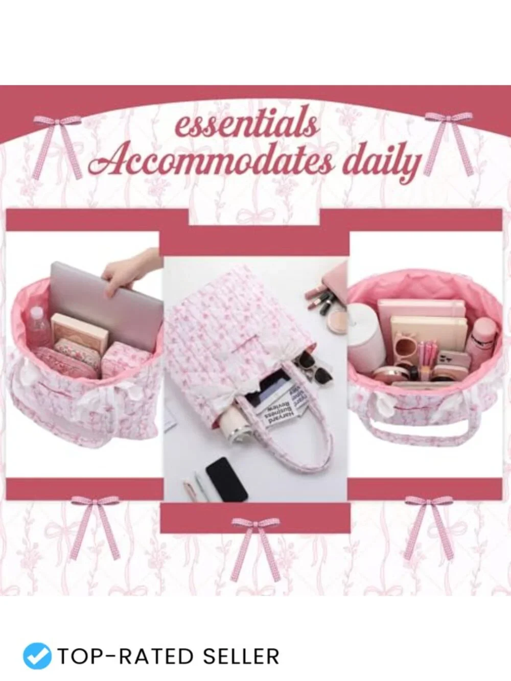 Quilted Tote Bag with Bow Floral Shoulder Bag Cotton Handbag for Work Travel